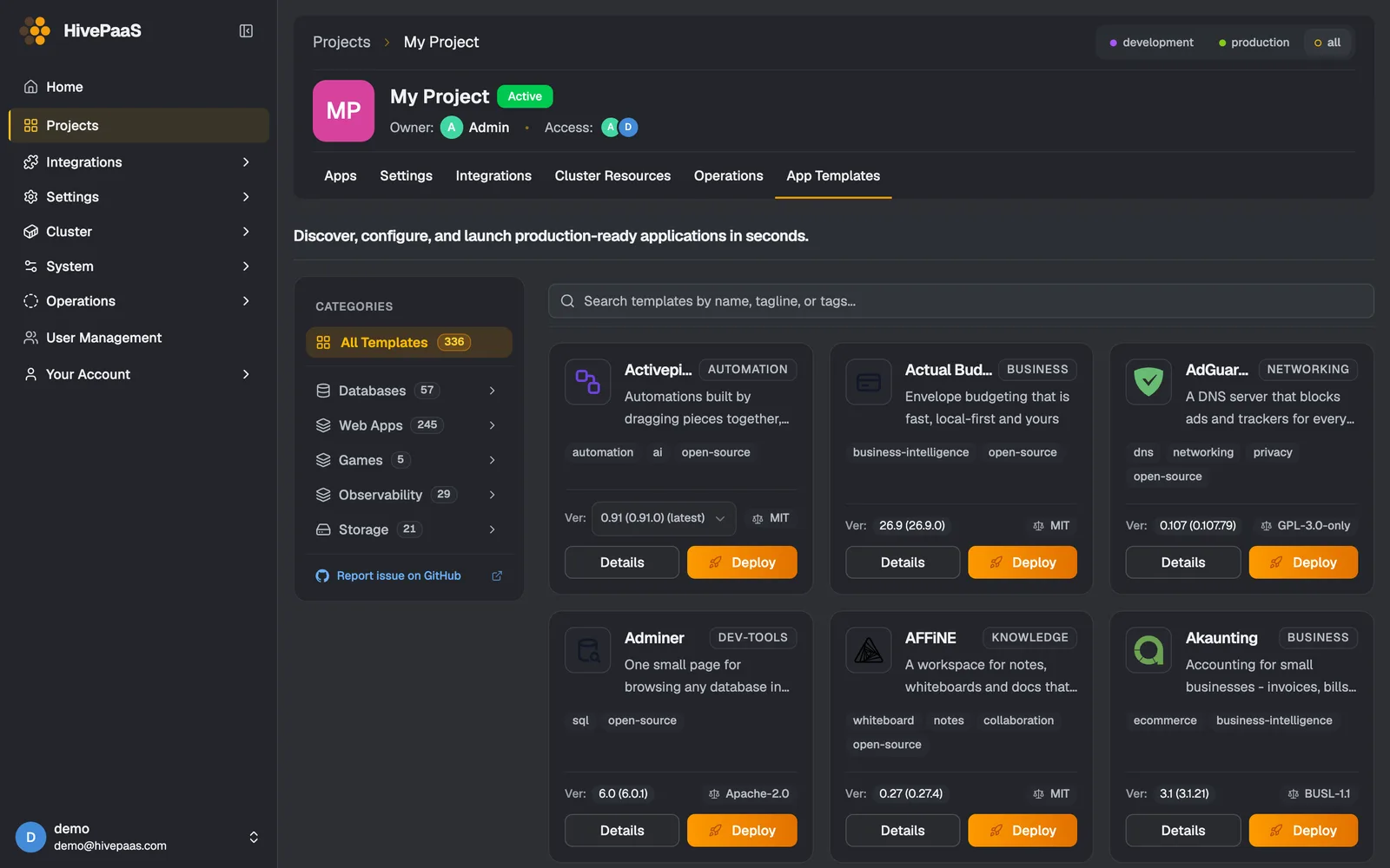 HivePaaS app store with 336 templates in categories such as databases and web apps