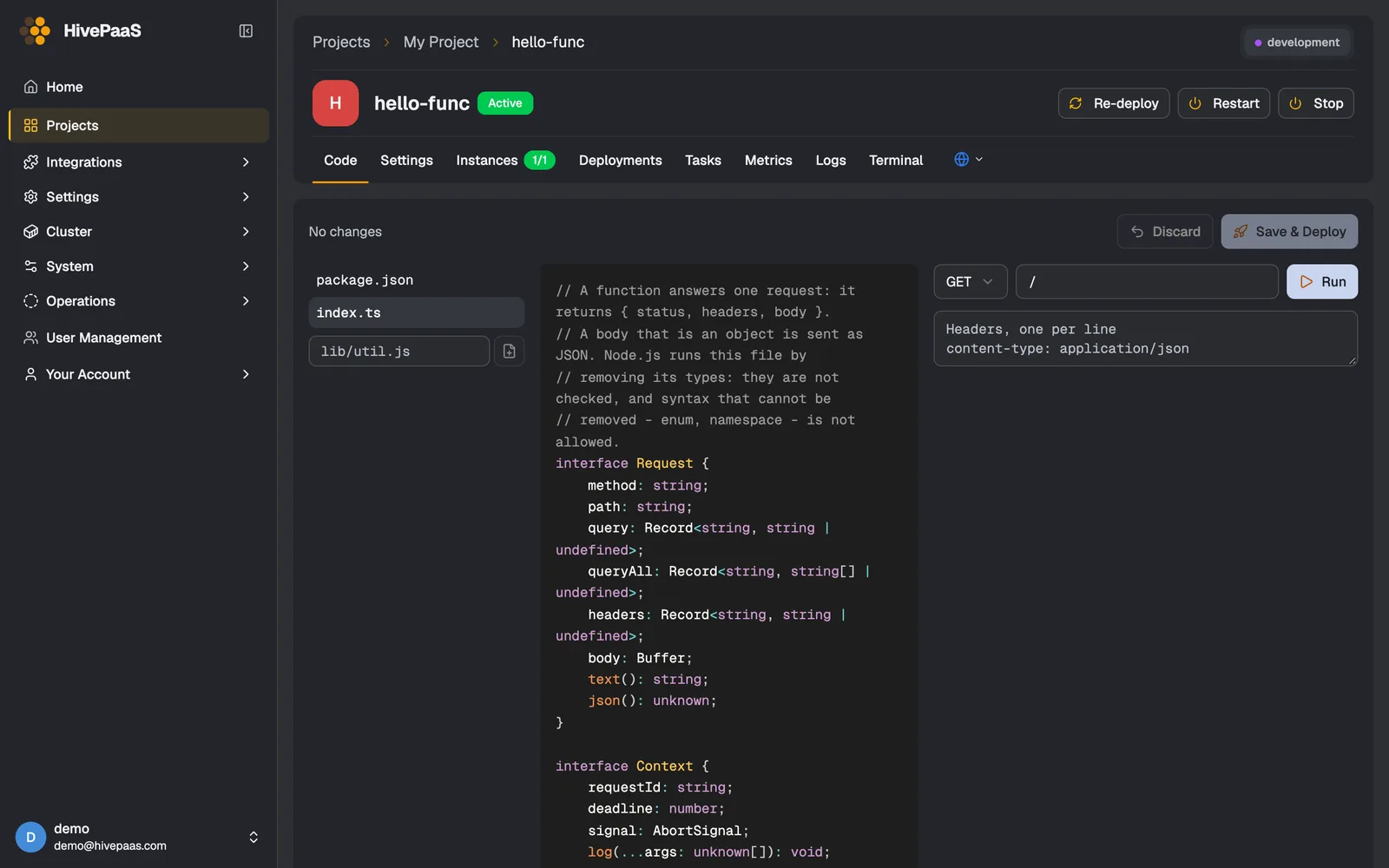 HivePaaS function code editor with a TypeScript handler and a request runner